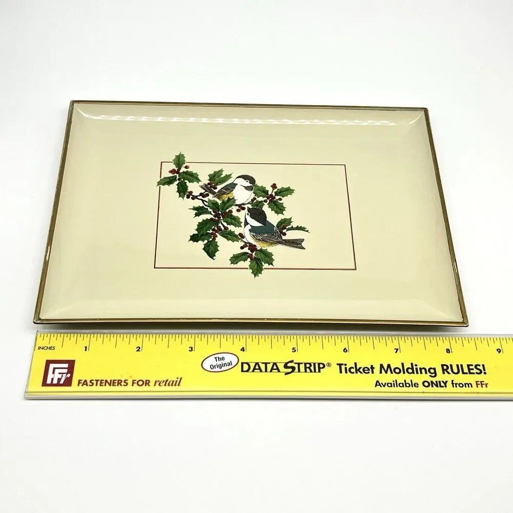 VTG Otagiri Japan Chickadees Lacquerware Serving Tray Holly Bird Christmas Plate